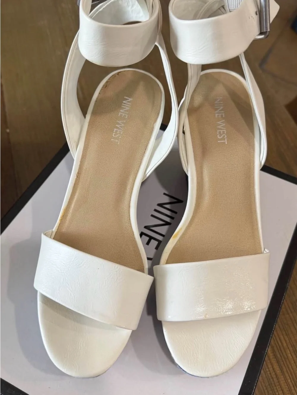 Nine West White Ankle-Strap Wedges with Navy Aztec-Print Heel